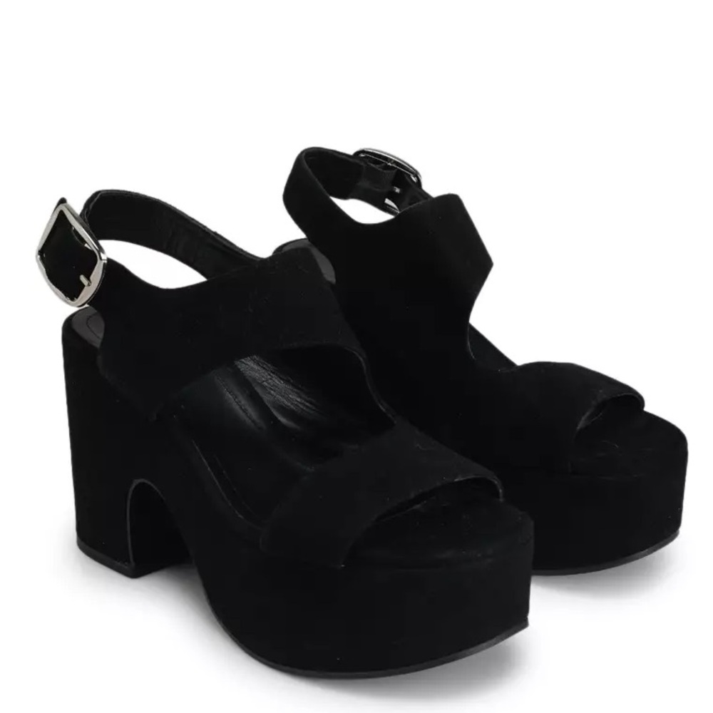 ZARA Women’s 10 Suede Platform Slingback Wedge Heels Black Chunky Disco Y2K Boho